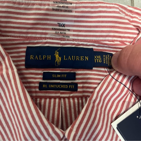 Ralph Lauren Mens Slim Fit Untucked Fit Red/White Button Up Shirt XXL- New - Picture 3 of 5